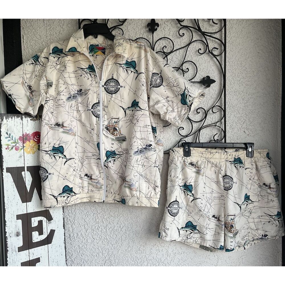Vintage Sun Country Marlin Fishing Cabana Boy Men’s Set - Size Large - Ivory